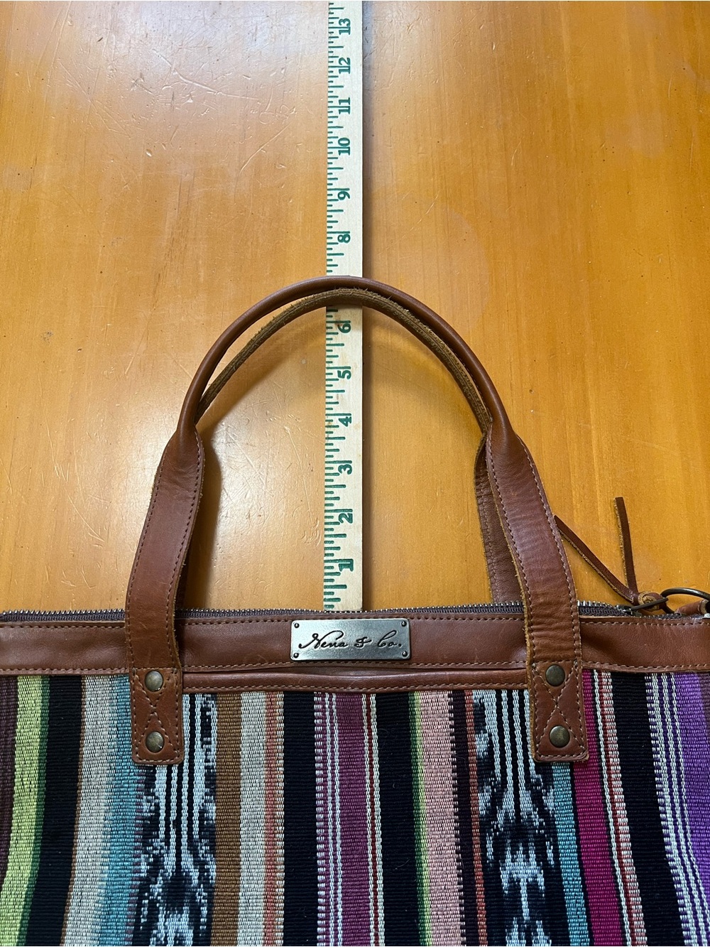 Nena & Co Medium Woven Tote Leather Trim Zip Top Shoulder Strap Dust Bag EUC - Picture 13 of 13